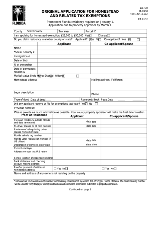 Fillable Form Dr-501 - Original Application For Homestead And Related Tax Exemptions Printable pdf