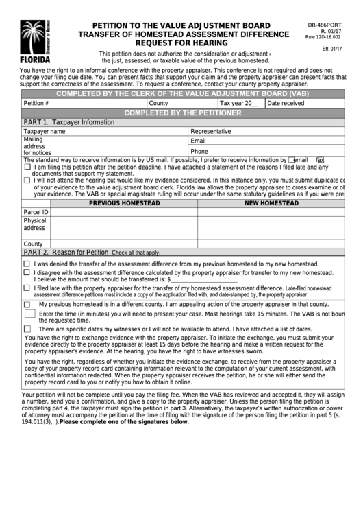 Fillable Form Dr-486port - Petition To The Value Adjustment Board Transfer Of Homestead Assessment Difference Request For Hearing Printable pdf