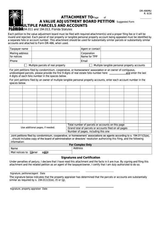 Form Dr-486mu - Attachment To A Value Adjustment Board Petition For Multiple Parcels And Accounts Printable pdf