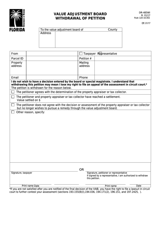 Fillable Form Dr-485wi - Value Adjustment Board Withdrawal Of Petition Printable pdf
