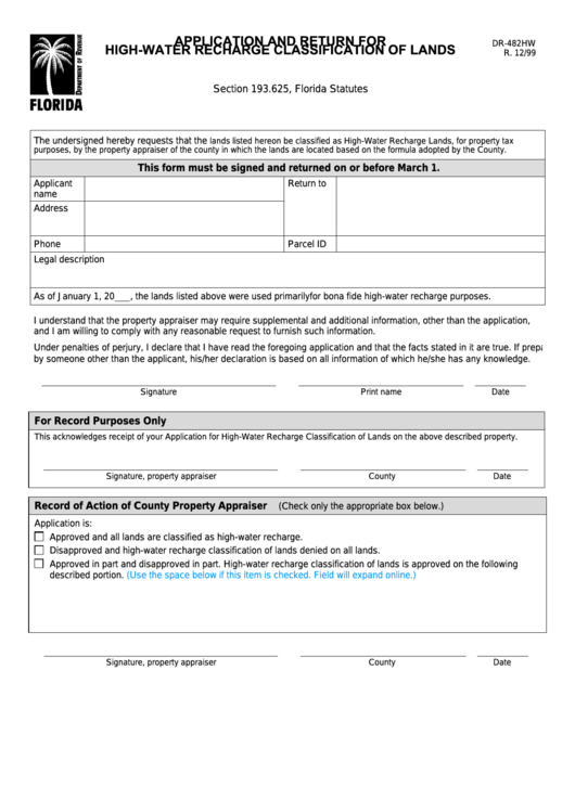 Form Dr 482hw Application And Return For High Water Recharge Classification Of Lands Printable