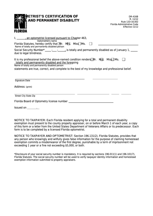 Form Dr-416b - Optometrist