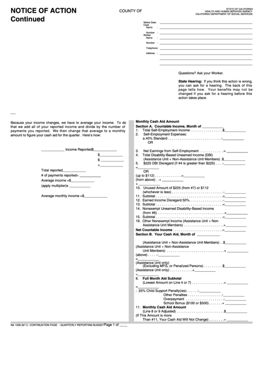 Fillable Form Na 1239 - Notice Of Action - Continuation Page - Quarterly Reporting Budget Printable pdf