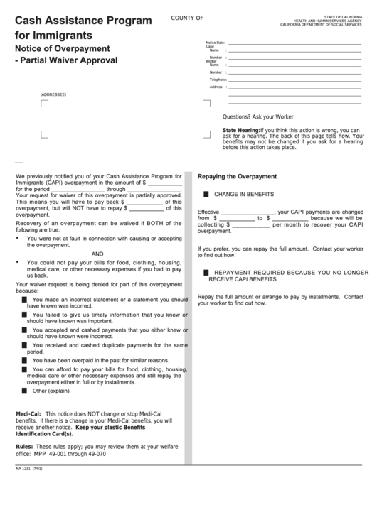 Fillable Form Na 1231 - Cash Assistance Program For Immigrants - Notice Of Overpayment - Partial Waiver Approval Printable pdf
