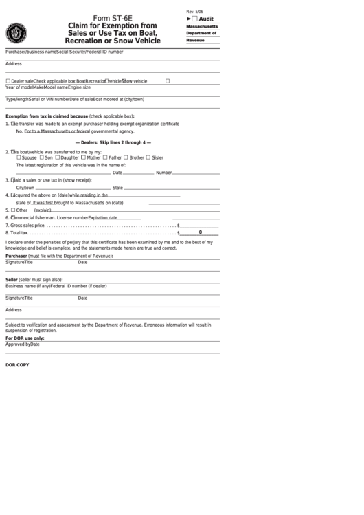 Form St-6e - Claim For Exemption From Sales Or Use Tax On Boat, Recreation Or Snow Vehicle Printable pdf