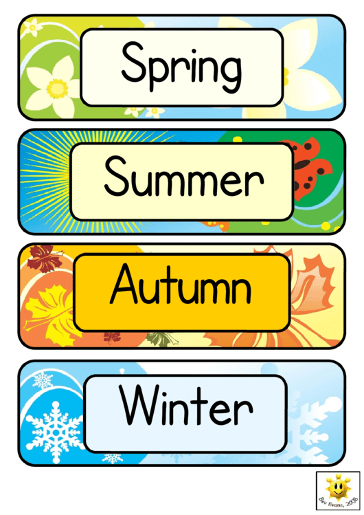 Four Seasons Word Cards Template - Regular, With Vector Illustrations Printable pdf