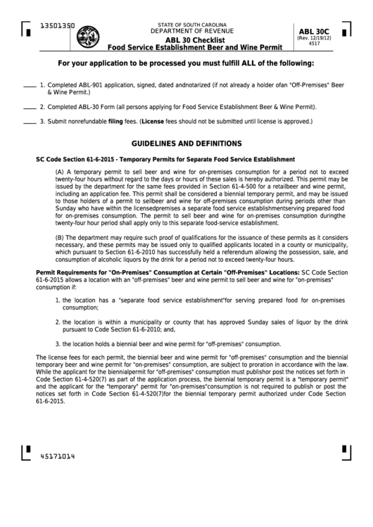 Form Abl 30c - Abl 30 Checklist - Food Service Establishment Beer And Wine Permit Printable pdf