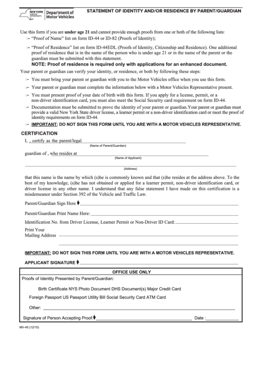 Fillable Form Mv-45 - Statement Of Identity And/or Residence By Parent/guardian Printable pdf