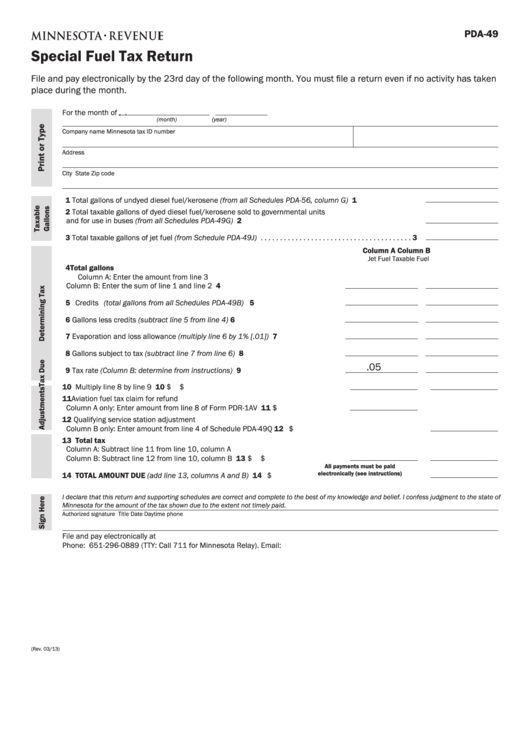 Fillable Form Pda-49 - Special Fuel Tax Return Printable pdf