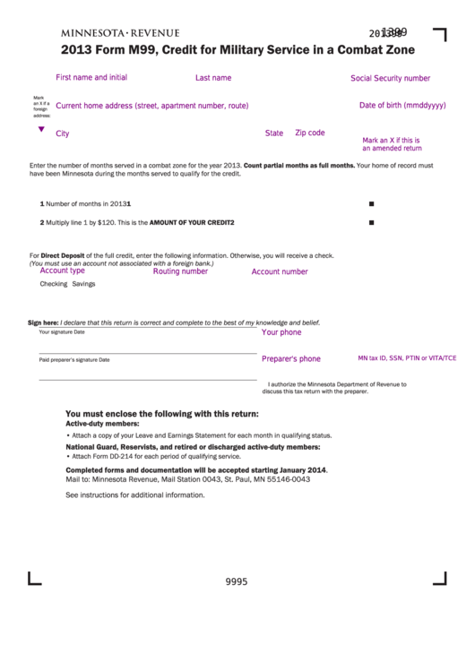 Fillable Form M99 - Credit For Military Service In A Combat Zone - 2013 Printable pdf