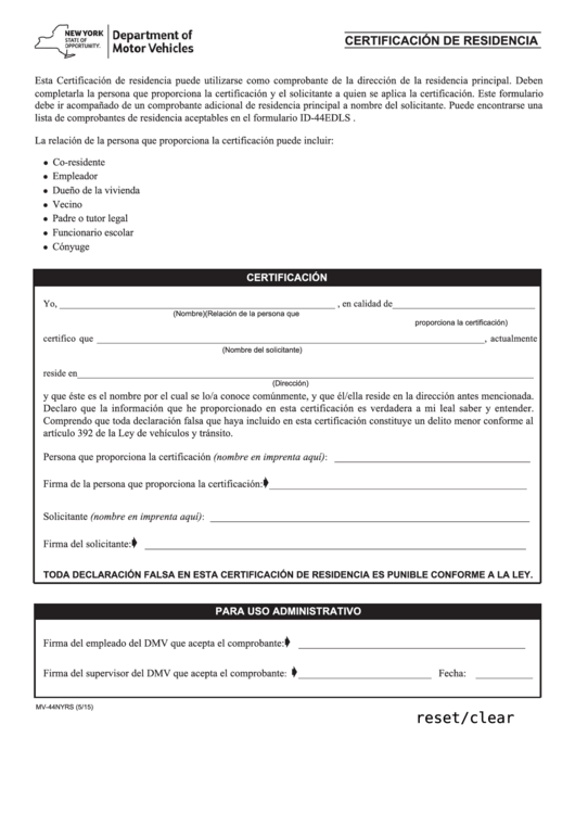 Fillable Form Mv-44nyr - Certificacion De Residencia Printable pdf