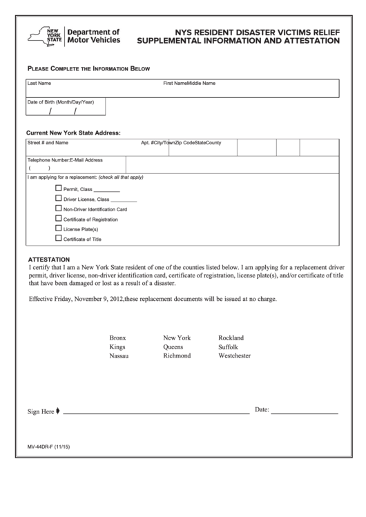 Form Mv-44dr-F - Nys Resident Disaster Victims Relief Supplemental Information And Attestation Printable pdf