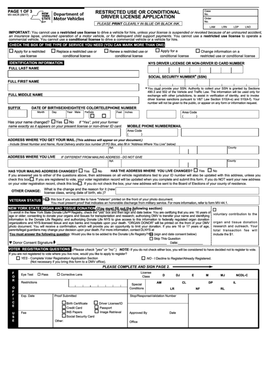 Form Mv-44cr - Restricted Use Or Conditional Driver License Application Printable pdf