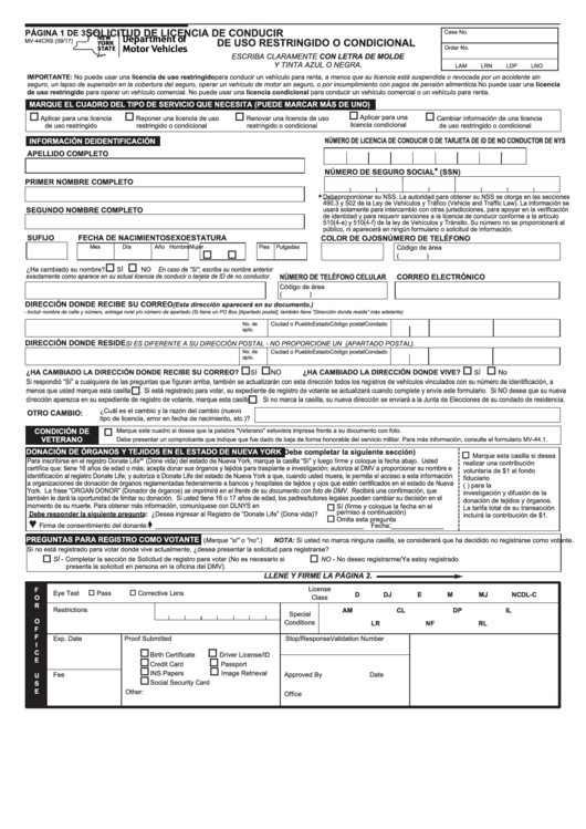 Form Mv-44cr - Solicitud De Licencia De Conducir De Uso Restringido O Condicional Printable pdf