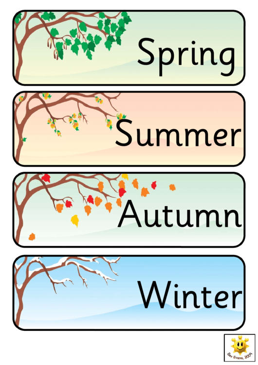 Four Seasons Word Cards Template - Regular, With Pictures Of Trees Printable pdf