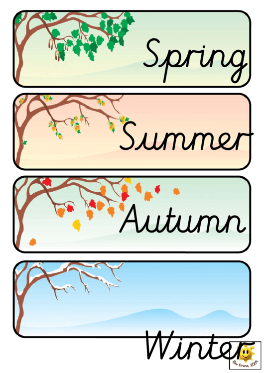 Four Seasons Word Cards Template - Italics, With Pictures Of Trees Printable pdf