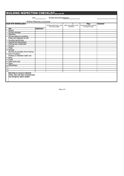 Building Inspection Checklist Template Printable pdf