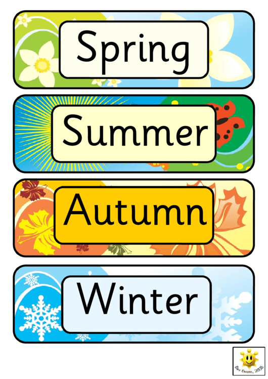 Four Seasons Word Cards Template - Regular, With Vector Illustrations Printable pdf