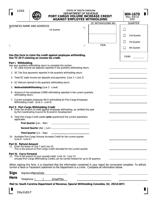 Form Wh-1670 - Port Cargo Volume Increase Credit Against Employee Withholding Printable pdf