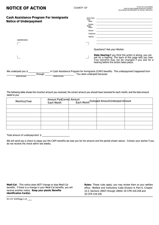 Fillable Form Na 1218 - Notice Of Action - Cash Assistance Program For Immigrants - Notice Of Underpayment Printable pdf
