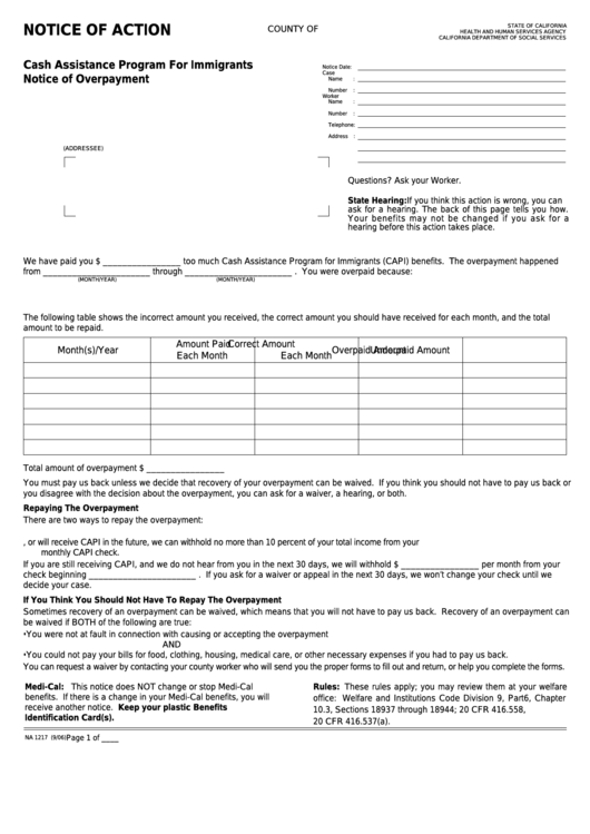 Fillable Form Na 1217 - Notice Of Action - Cash Assistance Program For Immigrants - Notice Of Overpayment Printable pdf