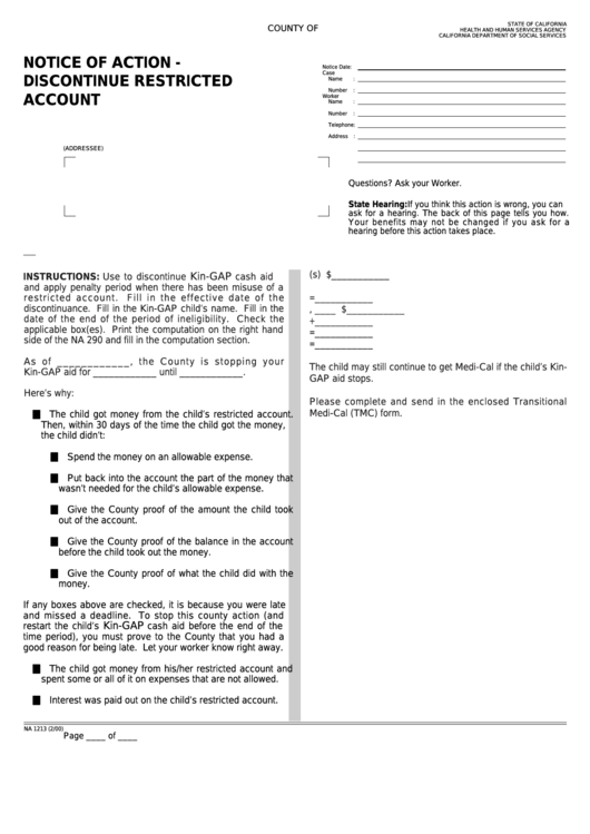 Fillable Form Na 1213 - Notice Of Action - Discontinue Restricted Account Printable pdf