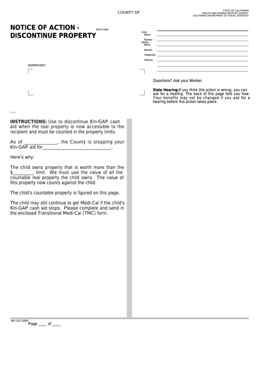 Fillable Form Na 1212 - Notice Of Action - Discontinue Property Printable pdf