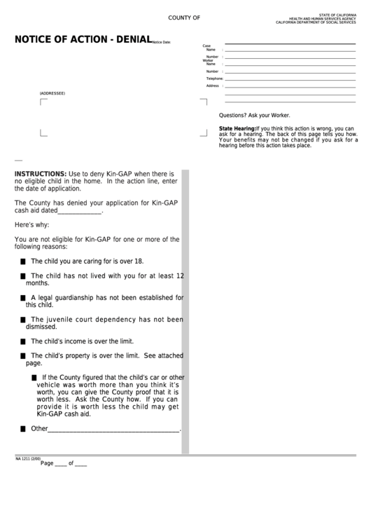 Fillable Form Na 1211 - Notice Of Action - Denial Printable pdf