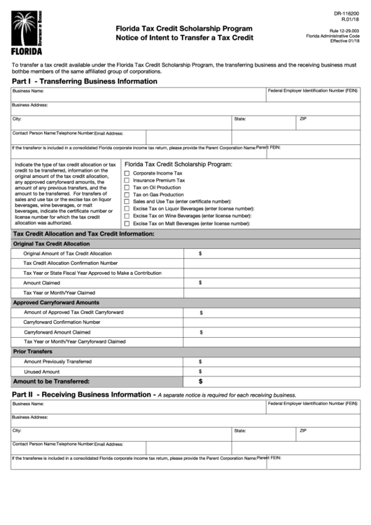 Fillable Form Dr-116200 - Florida Tax Credit Scholarship Program Notice Of Intent To Transfer A Tax Credit Printable pdf