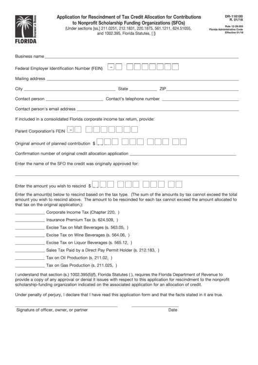 Form Dr-116100 - Application For Rescindment Of Tax Credit Allocation For Contributions To Nonprofit Scholarship Funding Organizations (Sfos) Printable pdf