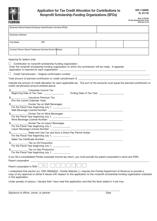 Form Dr-116000 - Application For Tax Credit Allocation For Contributions To Nonprofit Scholarship-Funding Organizations (Sfos) Printable pdf