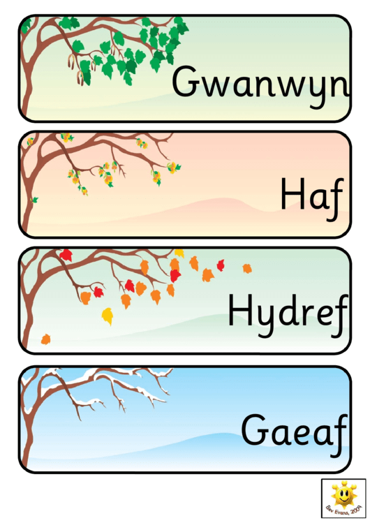 Four Seasons Word Cards Template - Regular, With Pictures Of Trees (Cymraeg) Printable pdf