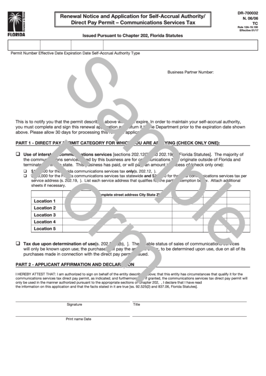Form Dr-700032 Draft - Renewal Notice And Application For Self-Accrual Authority/ Direct Pay Permit - Communications Services Tax Printable pdf