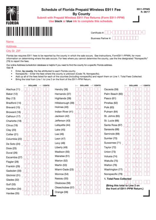 Form E911-Ppws - Schedule Of Florida Prepaid Wireless E911 Fee By County Printable pdf