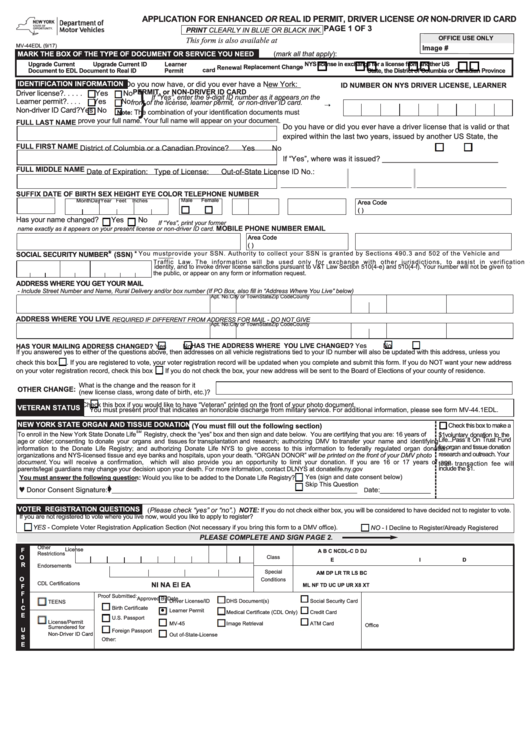 Fillable Form Mv-44edl - Application For Enhanced Or Real Id Permit, Driver License Or Non-Driver Id Card Printable pdf