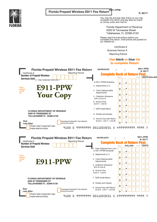 Form E911-Ppw - Florida Prepaid Wireless E911 Fee Return Printable pdf