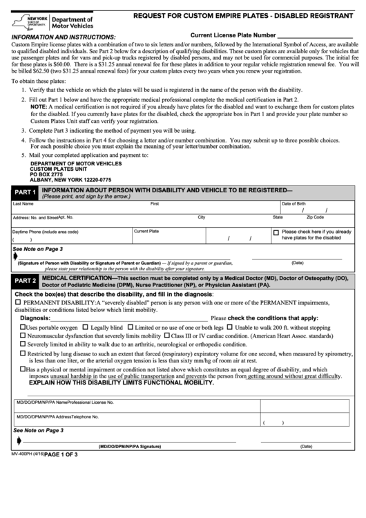 Form Mv-400ph - Request For Custom Empire Plates - Disabled Registrant Printable pdf