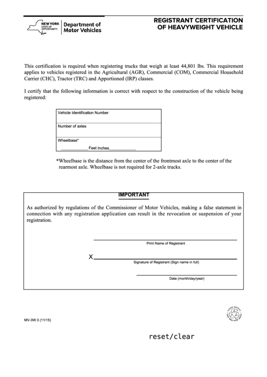Fillable Form Mv-3w.3 - Registrant Certification Of Heavyweight Vehicle Printable pdf