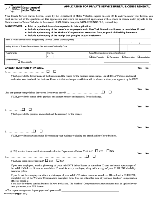 Fillable Form Mv-372r - Application For Private Service Bureau License Renewal Printable pdf