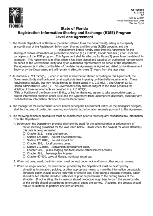 Form Gt-400210 - Registration Information Sharing And Exchange (Rise) Program Level-One Agreement Printable pdf