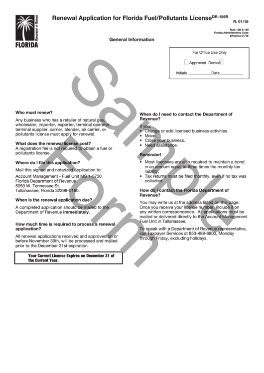 Form Dr-156r Draft - Renewal Application For Florida Fuel/pollutants License Printable pdf