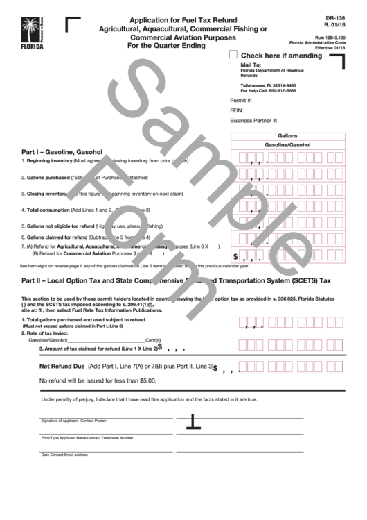 Form Dr-138 Draft - Application For Fuel Tax Refund Agricultural, Aquacultural, Commercial Fishing Or Commercial Aviation Purposes Printable pdf