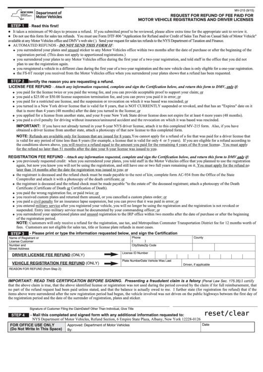 Fillable Form Mv-215 - Request For Refund Of Fee Paid For Motor Vehicle Registrations And Driver Licenses Printable pdf