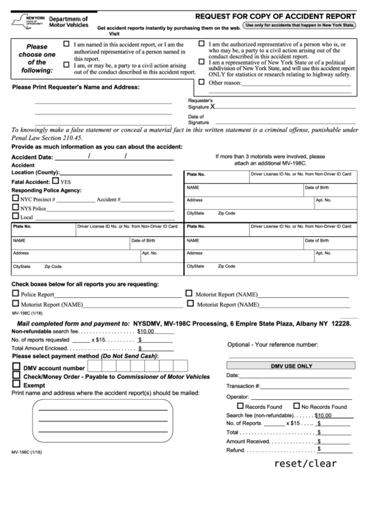 Fillable Form Mv-198c - Request For Copy Of Accident Report Printable pdf