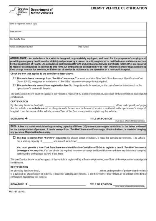 Form Mv-197 - Exempt Vehicle Certification Printable pdf