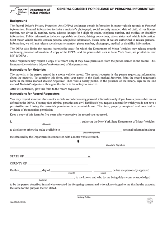 Form Mv-15gc - General Consent For Release Of Personal Information Printable pdf