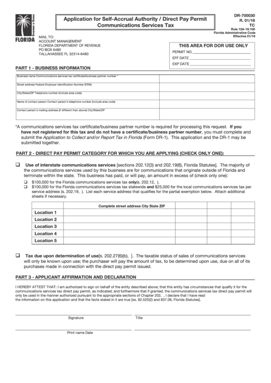 Form Dr-700030 - Application For Self-Accrual Authority / Direct Pay Permit Communications Services Tax Printable pdf