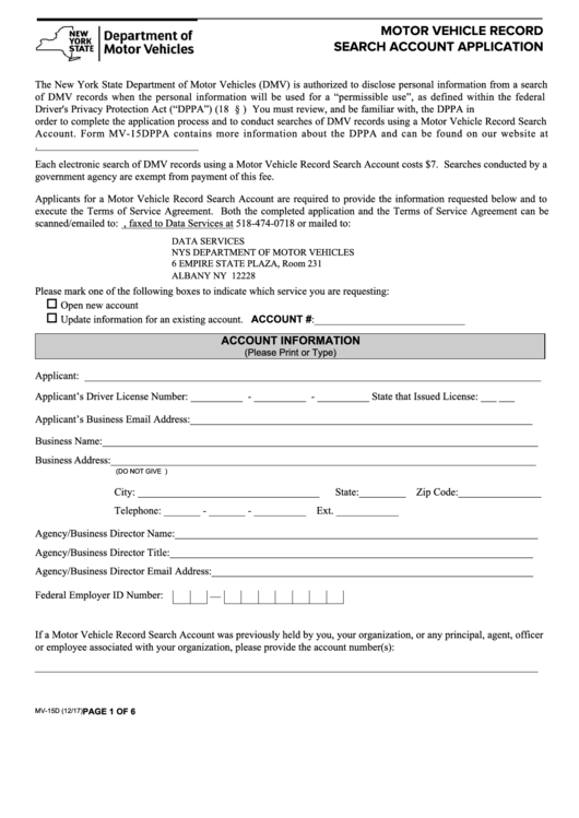 Fillable Form Mv-15d - Motor Vehicle Record Search Account Application Printable pdf