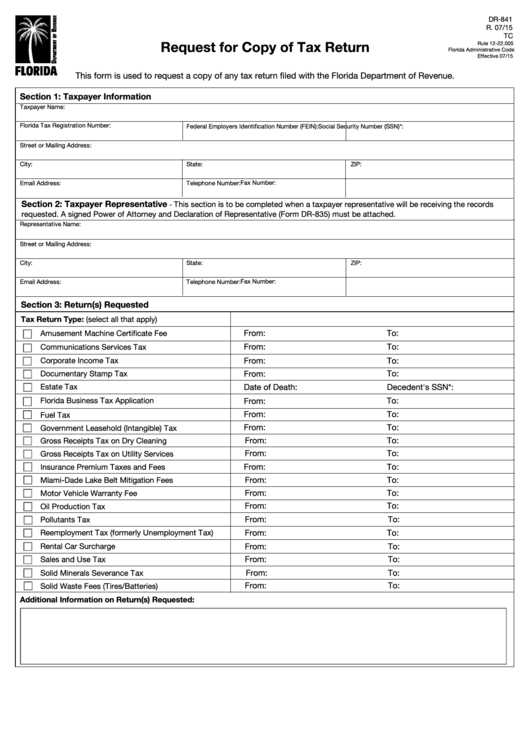 Form Dr-841 - Request For Copy Of Tax Return Printable pdf