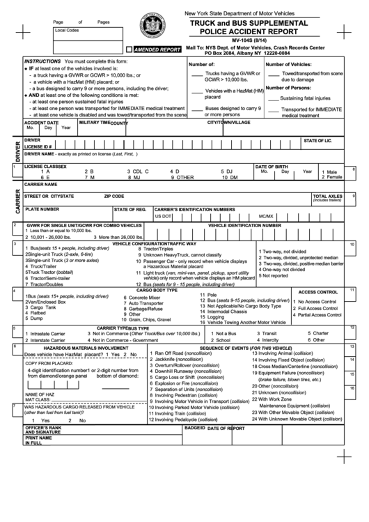 Form Mv-104s - Truck And Bus Supplemental Police Accident Report Printable pdf